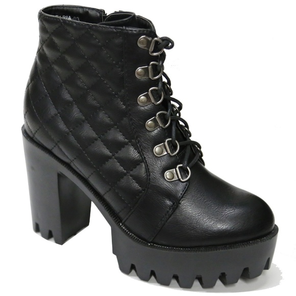 Black Combat Lace Up Platform Lug Sole Bootie Boot - Picture 2 of 4